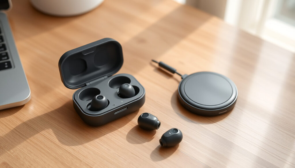 Kaksi paria täysin langattomia nappikuulokkeita latauskoteloineen puupöydällä, toisen kotelo USB-C-kaapelilla ja toinen langattoman latauslautakkeen vieressä