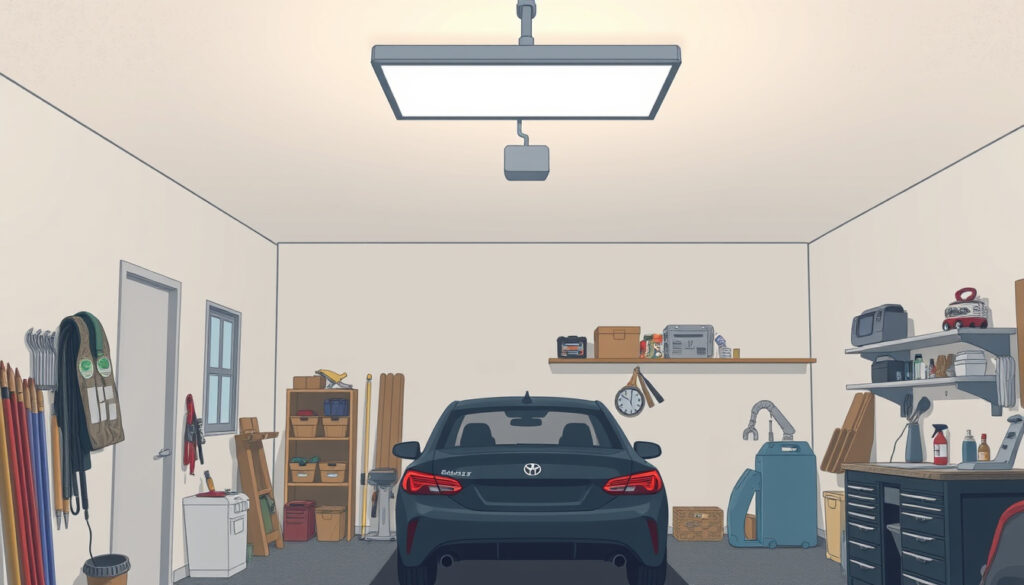 Autotallin sisätila, jossa kattoon kiinnitetty led-valaisin jakaa tasaisen valon auton ja työpenkin ylle.