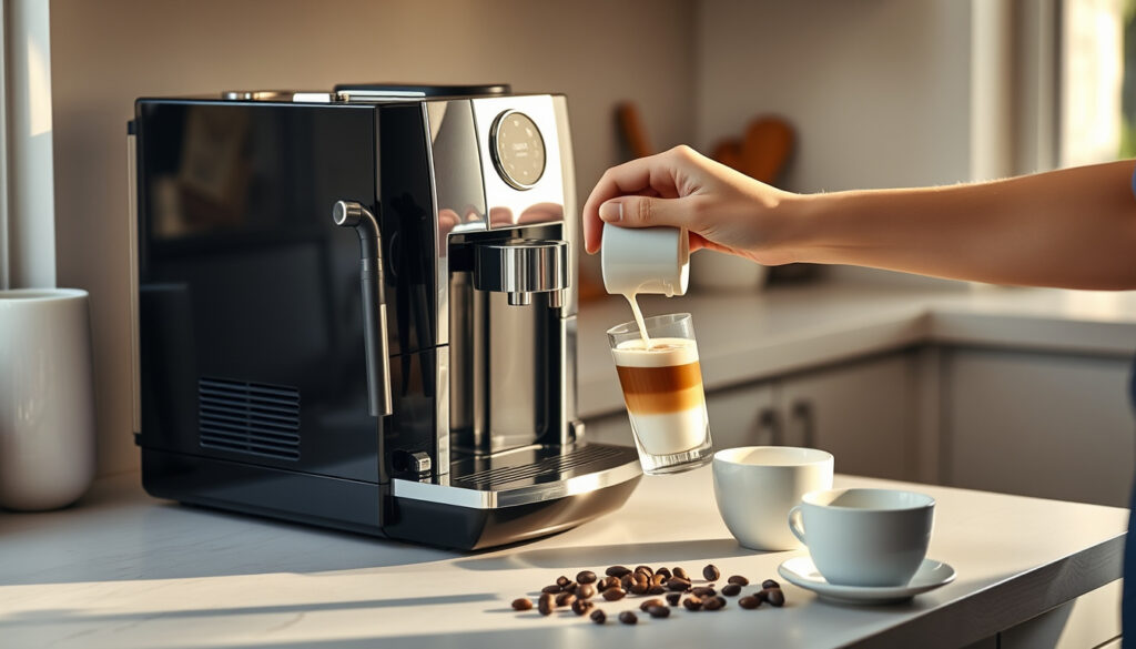 Täysautomaattinen espressokeitin keittiön tasolla, henkilö kaataa maitoa irrotettavaan maitosäiliöön cappuccinoa varten.